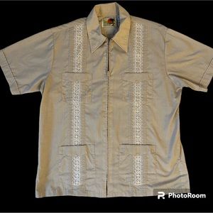 Haband Guayabera Men's Short Sleeve Full Zip Shirt Size L Beige Cotton Blend